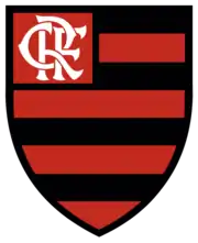 An escutcheon with horizontal red and black stripes, with a monogram of the letters CRF in its upper-left part