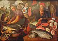 Fishmonger displaying cod steaks at a 16th century fish market.