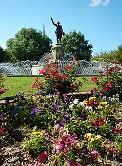A statue of the Marquis de LaFayette is mounted on a central fountain in LaGrange's LaFayette Square.