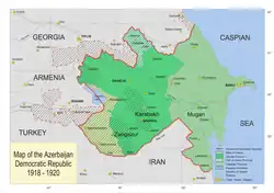 Map of Azerbaijan including disputed territories with Armenia and Georgia issued in Baku for Paris Peace Conference in 1919.