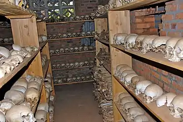Shelves of skulls and bones at the Ntarama Church Genocide Memorial