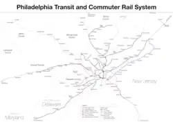 Rail lines converge to Center City Philadelphia in a hub-and-spoke model.