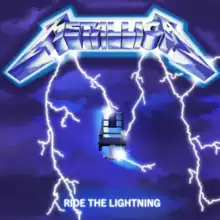 An electric chair with lightning striking on it, with more lightning, the lightning is also coming out of the metallica logo, as in blue
