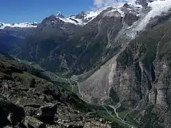 The Mattertal, a glacial valley in Switzerland, showing a recent landslide.