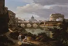 Aussicht auf den Tiber nach Süden mit dem Kastell S. Angelo und der Basilika St. Peter by Rudolf Wiegmann, 1834