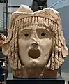 A Greek tragic mask dating to the 1st century BC or 1st century AD. See Theatre of ancient Greece.