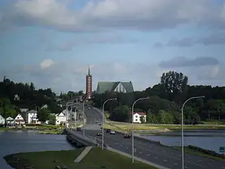 Looking north at Bathurst waterfront, with Holy Family church in background.