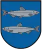 A coat of arms depicting a silver fish swimming to the right on the top and another fish swimming to the left on the bottom all on a blue background