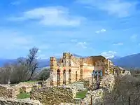 Ruins of the 10th-century Church of Achillius of Larissa, on the eponymous island of Agios Achilleios, Mikra Prespa, a typical basilica church