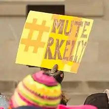 A protester holds a handmade sign that reads, #MuteRKelly.