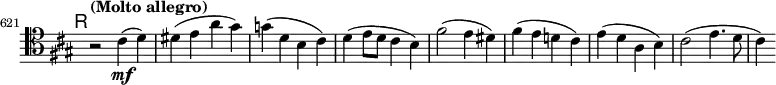 
\relative c' \new Staff \with { \remove "Time_signature_engraver" } {
  \key a \major \clef tenor
  \set Staff.midiInstrument = "cello"
  \set Score.tempoHideNote = ##t \tempo "(Molto allegro)" 2 = 108
  \mark \markup \sans R
  \time 2/2
  \set Score.currentBarNumber = #621 \bar ""
  r2 cis4\mf( d) | dis( e a gis) | g( d b cis) | d( e8 d cis4 b) | fis'2( e4 dis) |
  fis( e d! cis) | e( d a b) | cis2( e4. d8 | cis4)
}
