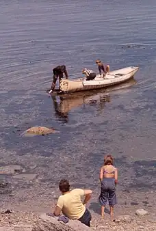 Children playing in the water, bay in an island