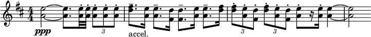 
\relative c'' { \set Staff.midiInstrument = #"trumpet" \clef treble \key d \major \numericTimeSignature \time 4/4 <e a,>2~\ppp <e a,>8. <e a,>32-. <e a,>-. \times 2/3 { <e a,>8-. <e a,>-. <e a,>-. } | <fis d>8.--_"accel." <e a,>16 <e a,>8.-- <d fis,>16 <d fis,>8.-- <e a,>16 <e a,>8.-- <fis d>16 | \times 2/3 { <fis d>8-. <e a,>-. <d fis,>-. } \times 2/3 { <fis d>8-. <e a,>-. <d fis,>-. } <e a,>8-.[ r16 <e a,>-.] <e a,>4~ | <e a,>2 }
