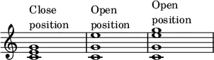 
{
\override Score.TimeSignature
#'stencil = ##f
\override Score.SpacingSpanner.strict-note-spacing = ##t
\set Score.proportionalNotationDuration = #(ly:make-moment 1/4)
\time 4/4
\set Staff.midiInstrument = #"piano"
\relative c' { 
      <c e g>1^\markup { \column { "Close" "position" } }
      <c g' e'>^\markup { \column { "Open" "position" } }
      <c g' e' g>^\markup { \column { "Open" "position" } }
   }
}
