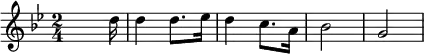 {\set Staff.midiInstrument = #"trombone" \key g \minor \time 2/4 \skip4 \skip8. d''16 d''4 d''8. es''16 d''4 c''8. a'16 bes'2 g'2}