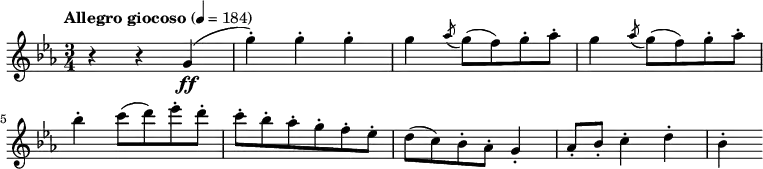 
{
	\tempo "Allegro giocoso" 4 = 184
	\clef treble
	\key c \minor
	\time 3/4
	r4 r g'\ff(
	g'')-. g''-. g''-.
	g'' \acciaccatura aes''8 g''( f'') g''-. aes''-.
	g''4 \acciaccatura aes''8 g''( f'') g''-. aes''-.
	\break
	bes''4-. c'''8( d''') es'''-. d'''-.
	c'''-. bes''-. aes''-. g''-. f''-. es''-.
	d''( c'') bes'-. aes'-. g'4-.
	aes'8-. bes'-. c''4-. d''-.
	bes'-.
}
