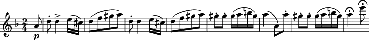 
\relative a' {
  \key d \minor \time 2/4
  \partial 8 a8 \p
  d8-. d4-> e16( cis)
  d8([ f gis a)]
  d,8-. d4 e16( cis)
  d8([ f gis a)]
  gis8-. gis-. gis16( a b gis)
  a4( a,8) a'-.
  gis8-. gis-. gis16( a b gis)
  a4 \fermata e'8 \fermata
} 