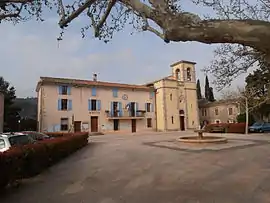 The town hall, church and village square