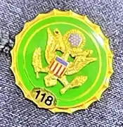 A small pin held onto an article of clothing with a Congressional seal on it