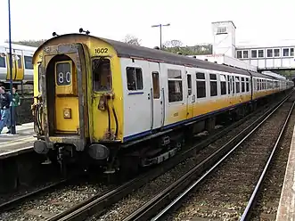 Class 411 4CEP no. 1602, at Dover Priory on 27 April 2003. This was the only 4 CEP unit to be painted in Connex South Eastern livery, after it suffered damage in a collision in 1999, and had to be repaired at Eastleigh works. This unit lasted in traffic until 2004, and has since been scrapped.