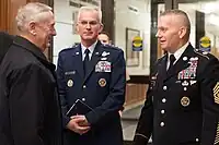 Vice Chairman of the Joint Chiefs of Staff General Selva greeted Secretary of Defense James Mattis with Senior Enlisted Advisor to the Chairman of the Joint Chiefs of Staff Sergeant Major John W. Troxell at The Pentagon on January 20, 2017.