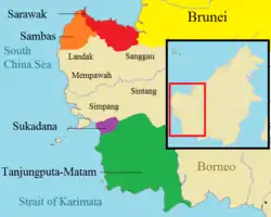 The polity of western Borneo, 17th century, with Sarawak in Red. The kingdoms that established close relationship with Sarawak are illustrated in colour, while other neighbouring kingdoms are represented in light brown.