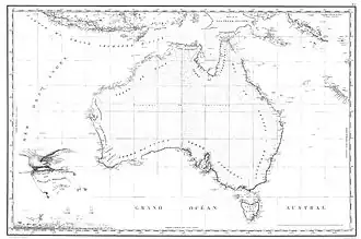 Freycinet Map of 1811 – resulted from the 1800–1803 French Baudin expedition to Australia and was the first full map of Australia ever to be published. In French, the map named the ocean immediately below Australia as the Grand Océan Austral ('Great Southern Ocean').