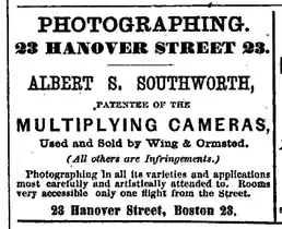 Advertisement for Albert Southworth, photographer, 1868