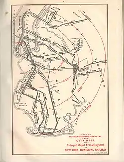 A 1914 map showing what was at the time the proposed expansion for the BRT. The only major differences from what was built is that a new 60th Street Tunnel was used rather than the Queensboro Bridge, the Manhattan-side Brooklyn Bridge connection was never built, and several lines ended up with fewer tracks than shown.