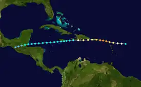 A map of the Caribbean Sea showing the path of the hurricane from beginning east of the Leeward Islands and terminating over Central America