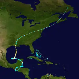 A map of the storm, showing several loops in its path as it progressed from the western Caribbean Sea to the United States and northward into Canada