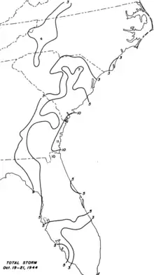 Contour map of rainfall totals over the Southeastern United States