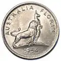 1954 Australian florin struck to commemorate the visit to Australia of Queen Elizabeth II on 3 Feb 1954.