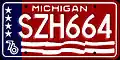 Special Michigan license plate design issued in honor of the bicentennial. Plates of this design were standard issue for all passenger cars registered in Michigan receiving new plates in 1976.