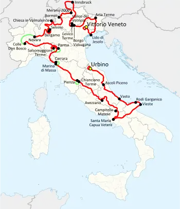 Map of the 1988 Giro d'Italia route, from Urbino to Vittorio Veneto(stage courses in red, and connections between host towns in green)