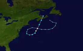 Storm track beginning southeast of Canada as an extratropical storm, moving westward toward New England, becoming tropical as it looped to the northeast, and later dissipating over Prince Edward Island