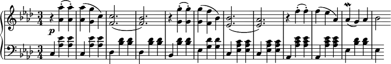 
 \relative c' {
  \new PianoStaff <<
   \new Staff { \key f \minor \time 3/4
    \tempo \markup {
     \column {
   }
    }
    r <aes' aes'>-.( <aes aes'>-.) <aes aes'>( <g g'> c) <c f,>2.( <bes f>) r4 <g g'>4-.( <g g'>-.) <g g'>( <f f'> bes) <bes ees,>2.( <aes ees>) r4 f'4-.( f-.) f ( ees aes,) aes\mordent( g) aes bes2
   }
   \new Dynamics {
    s\p
    }
   \new Staff { \key f \minor \time 3/4 \clef bass
    c,,4 <aes' ees'> <aes ees'> c, <aes' ees'> <aes ees'> des, <bes' des> <bes des> des, <bes' des> <bes des> bes, <bes' des> <bes des> ees, <g des'> <g des'> c, <ees c' aes> <ees c' aes> c <ees c' aes> <ees c' aes> aes, <aes' ees' c> <aes ees' c> aes, <aes' ees' c> <aes ees' c> ees <bes' des> <bes des> ees,
   }
  >>
 }
