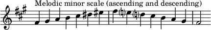  {
\omit Score.TimeSignature \relative c' {
  \key fis \minor \time 7/4 fis^"Melodic minor scale (ascending and descending)" gis a b cis dis eis fis e? d? cis b a gis fis2
} }
