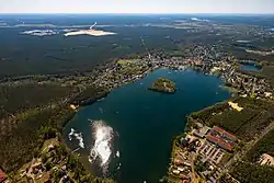 View over Grünheide with Lake Werlsee, Giga Berlin (Tesla construction site) in the background