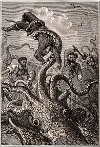 Cephalopod-like sea monster in Jules Verne's Twenty Thousand Leagues Under the Sea drawn by Alphonse de Neuville, 1871