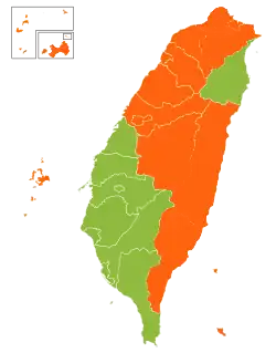 Map of winner and vote share at county-level in the 2000 Taiwanese presidential election.