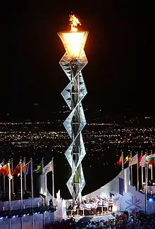 Olympic flame lit at the 2002 Winter Olympics in Salt Lake City, Utah.