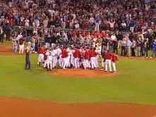 The Red Sox celebrate their clinching of the 2003 AL Wild Card with a victory over the Baltimore Orioles.