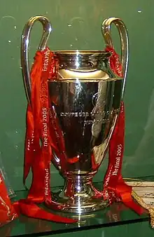 The UEFA champions League won by Liverpool in 2005 on display in the club's museum.