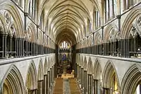 The nave of Salisbury Cathedral, with its strong horizontal lines of dark Purbeck marble columns