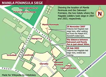 Location of Oakwood Premiere and the Manila Peninsula Hotel in Makati. These hotels had become the location of the Magdalo mutiny of 2003 and 2007, respectively