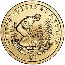 2009 US Sacagawea dollar coin depicting a woman in a buckskin tunic planting seeds among cornstalks and squash plants