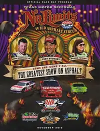 The 2012 AAA Texas 500 program cover, featuring Dale Earnhardt Jr., Tony Stewart, and Danica Patrick. "Come One, Come Y'all! The Greatest Show on Asphalt"