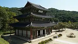 Mireukjeon or Maitreya Hall of Geumsansa Temple, a rare three-tiered structure. A Buddhist temple.