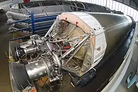 Titan IV-B in the restoration hangar at the National Museum of the United States Air Force. This is Stage One aft with two Aerojet LR87-AJ-11 engines.